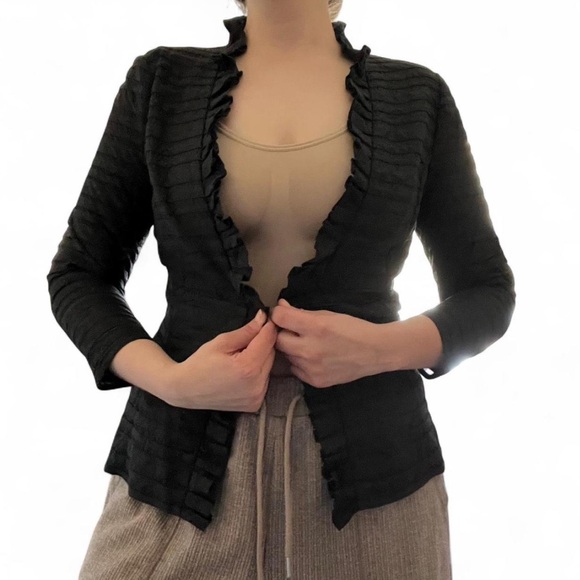 Lafayette 148 NY Black Textured Open Front Cotton-Linen Jacket, Approx Small